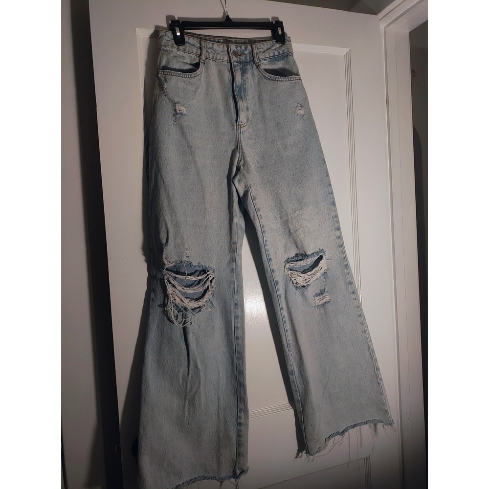 Y2K Distressed Wide Leg Jeans Zara Womens 6 Blue Denim Ripped Raw Hem 34 Inseam